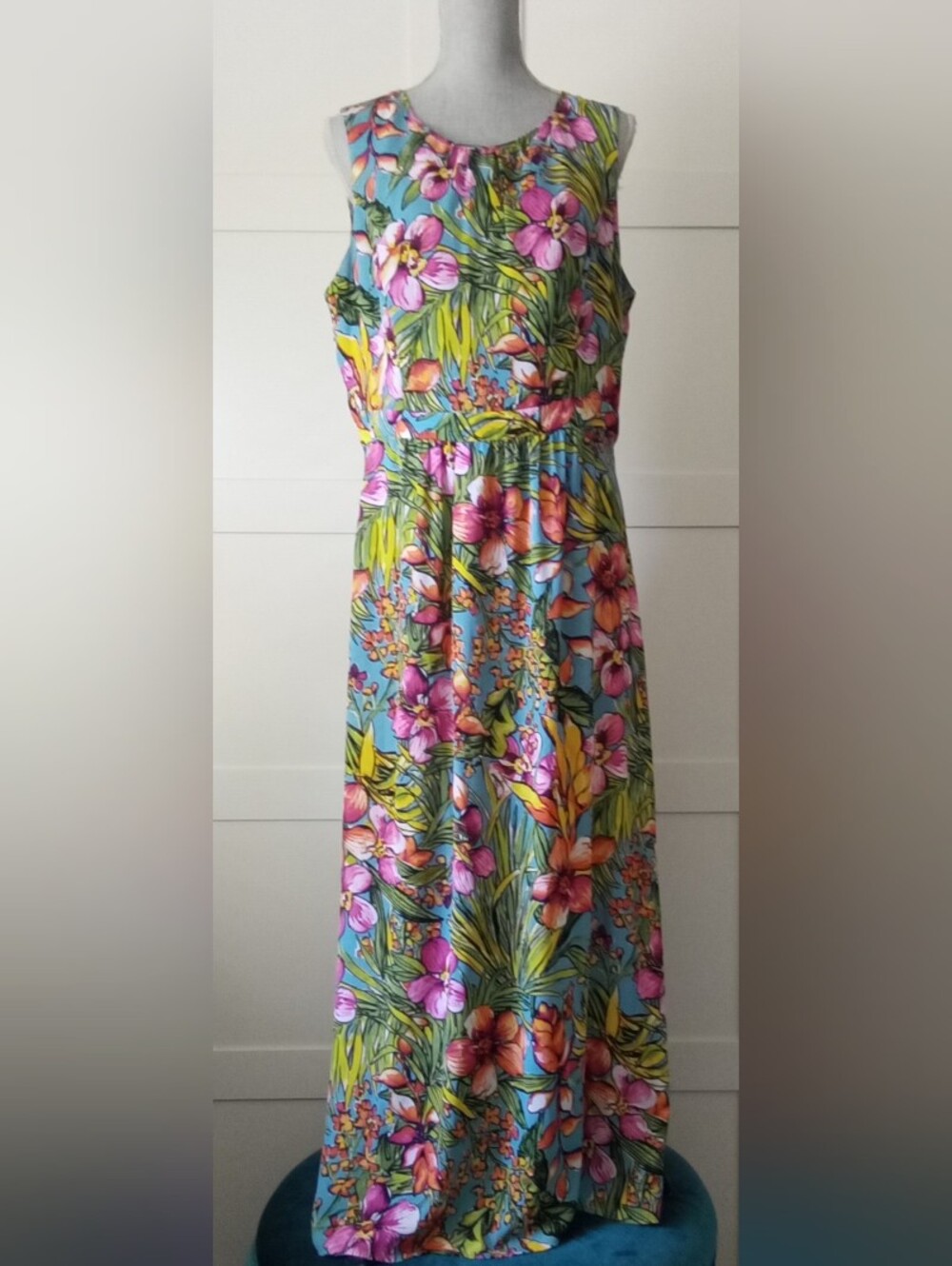Floral Tropical Print Sundress in Blue and Pink
